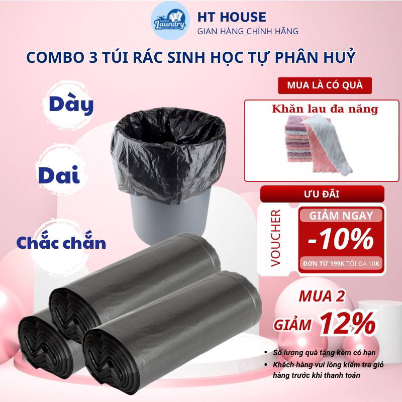 Combo 3 cuộn (1kg) túi đựng rác sinh học tự phân hủy cỡ nhỏ, trung, đại loại màu và đen, dày, dai cao cấp đủ cân
