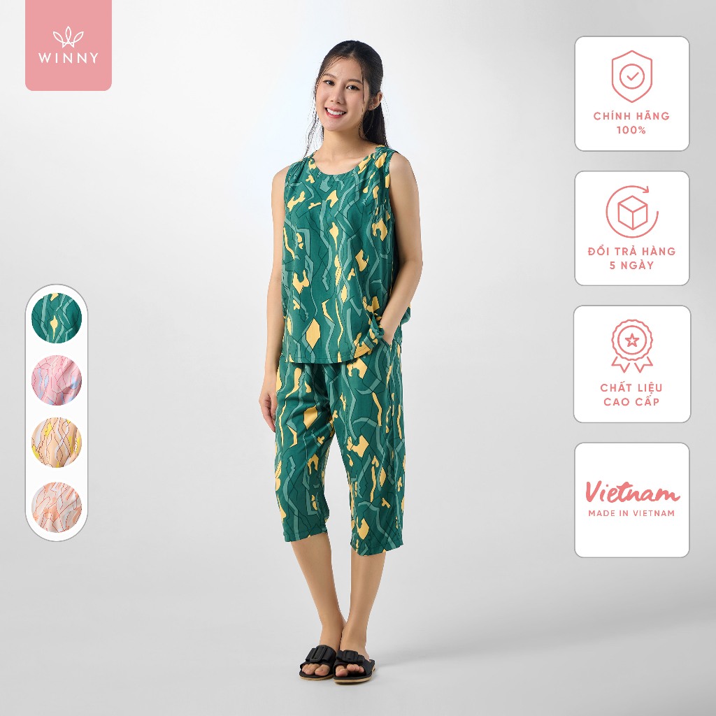 Ảnh Bộ mặc nhà nữ WINNY kiểu sát nách quần ngố chất Lanh mềm mịn thấm hút nhanh khô 2MNLA23031S 1