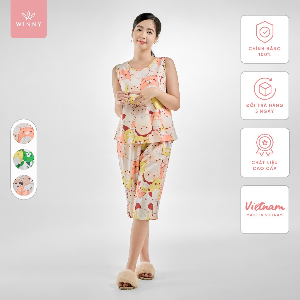 Ảnh Bộ mặc nhà nữ WINNY kiểu sát tay quần ngố chất lanh mềm mát 2MNLA23049S 1