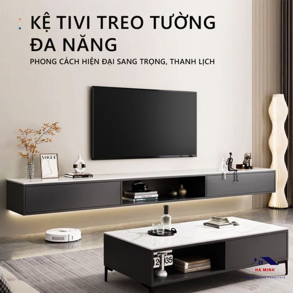 Kệ tivi treo tường cao cấp phủ malamin vân đá sang trọng gọn gàng tiết kiệm không gian  - HM755