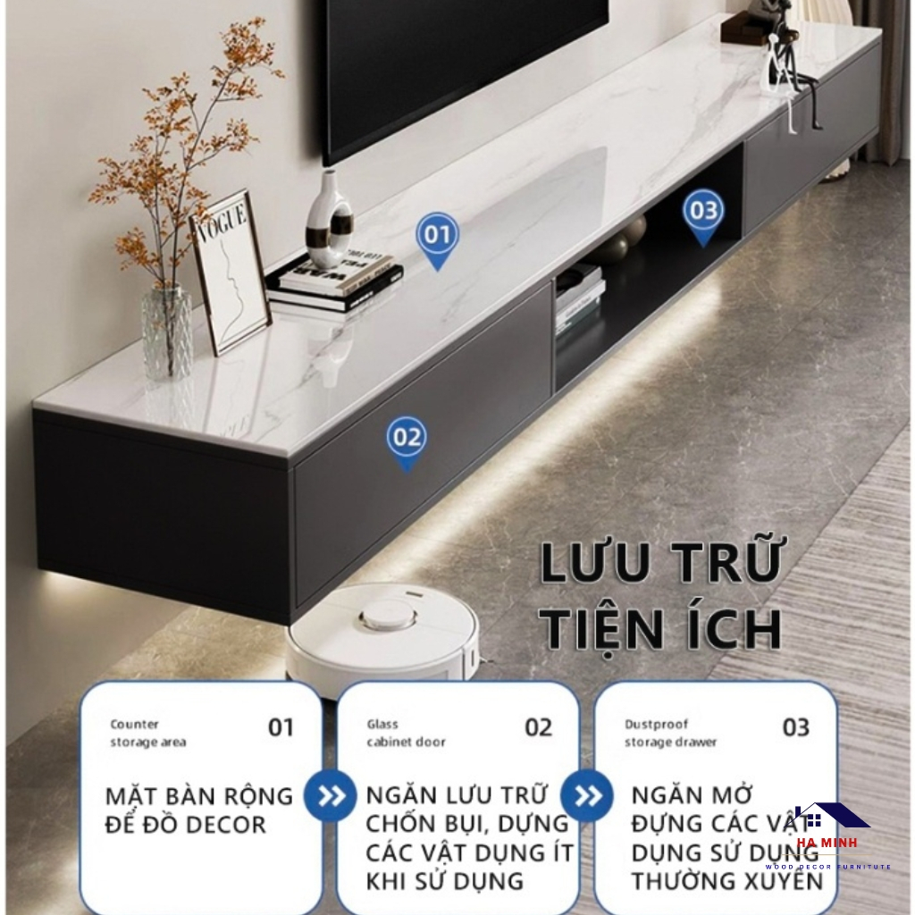 Kệ tivi treo tường cao cấp phủ malamin vân đá sang trọng gọn gàng tiết kiệm không gian  - HM755