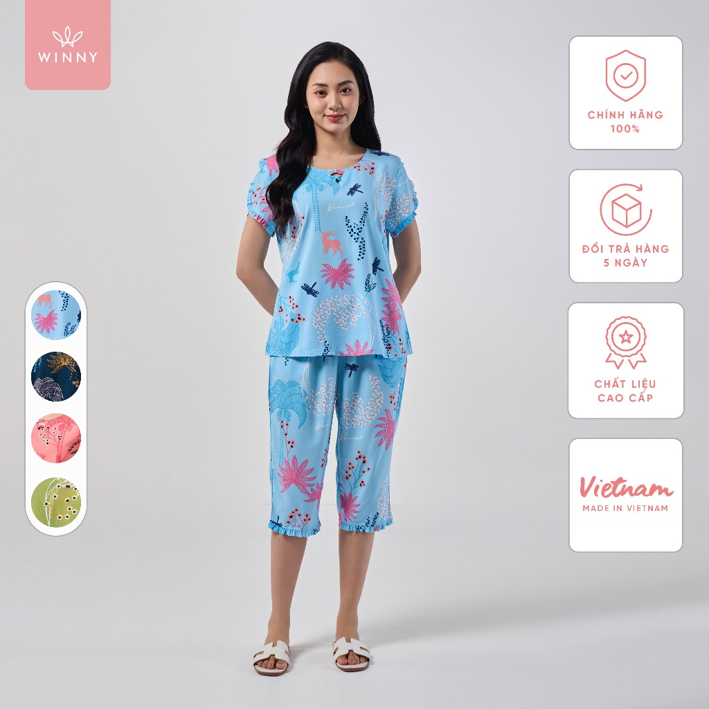 Ảnh Bộ mặc nhà nữ WINNY kiểu cộc tay quần ngố chất lanh mềm mát thấm hút nhanh khô 2MNLA23009N 1