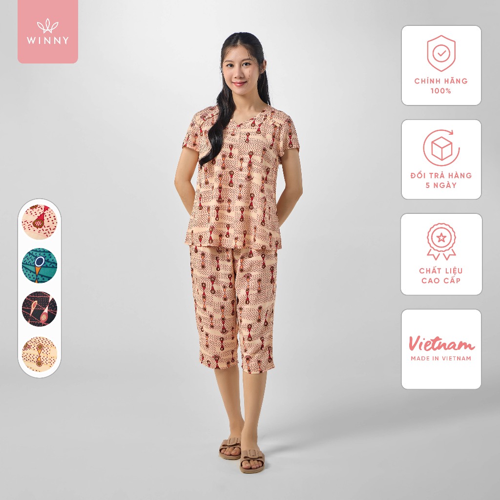 Ảnh Bộ mặc nhà nữ WINNY kiểu cộc tay quần ngố chất lanh mềm mát mùa hè 2MNLA23023N 1