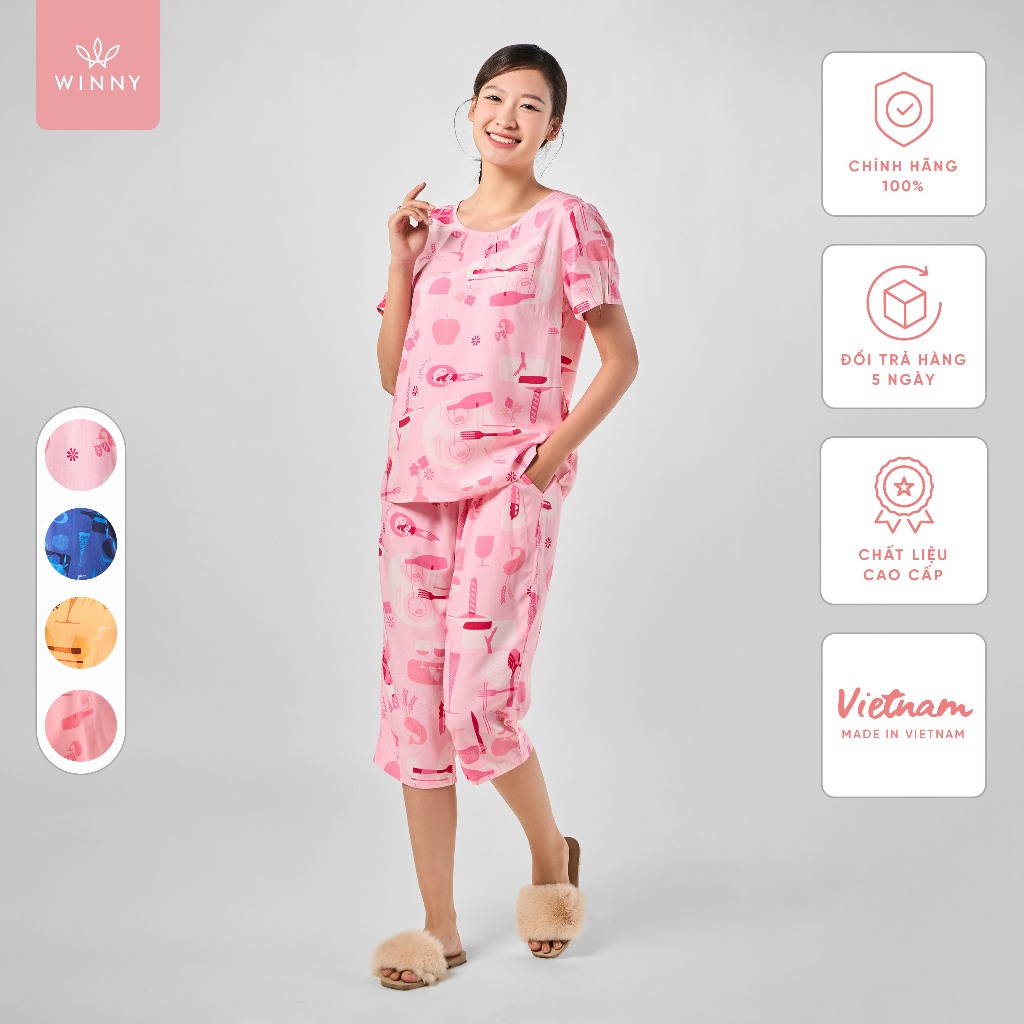 Ảnh Bộ mặc nhà nữ WINNY kiểu cộc tay quần ngố chất lanh mềm 2MNLA23033N 1