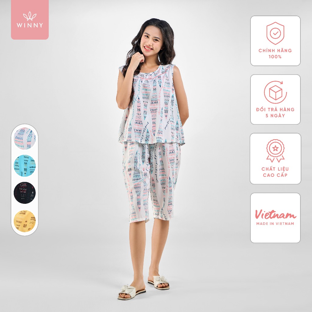 Ảnh Bộ mặc nhà nữ WINNY kiểu sát nách quần ngố chất lanh mềm mát 2MNLA23032S 2