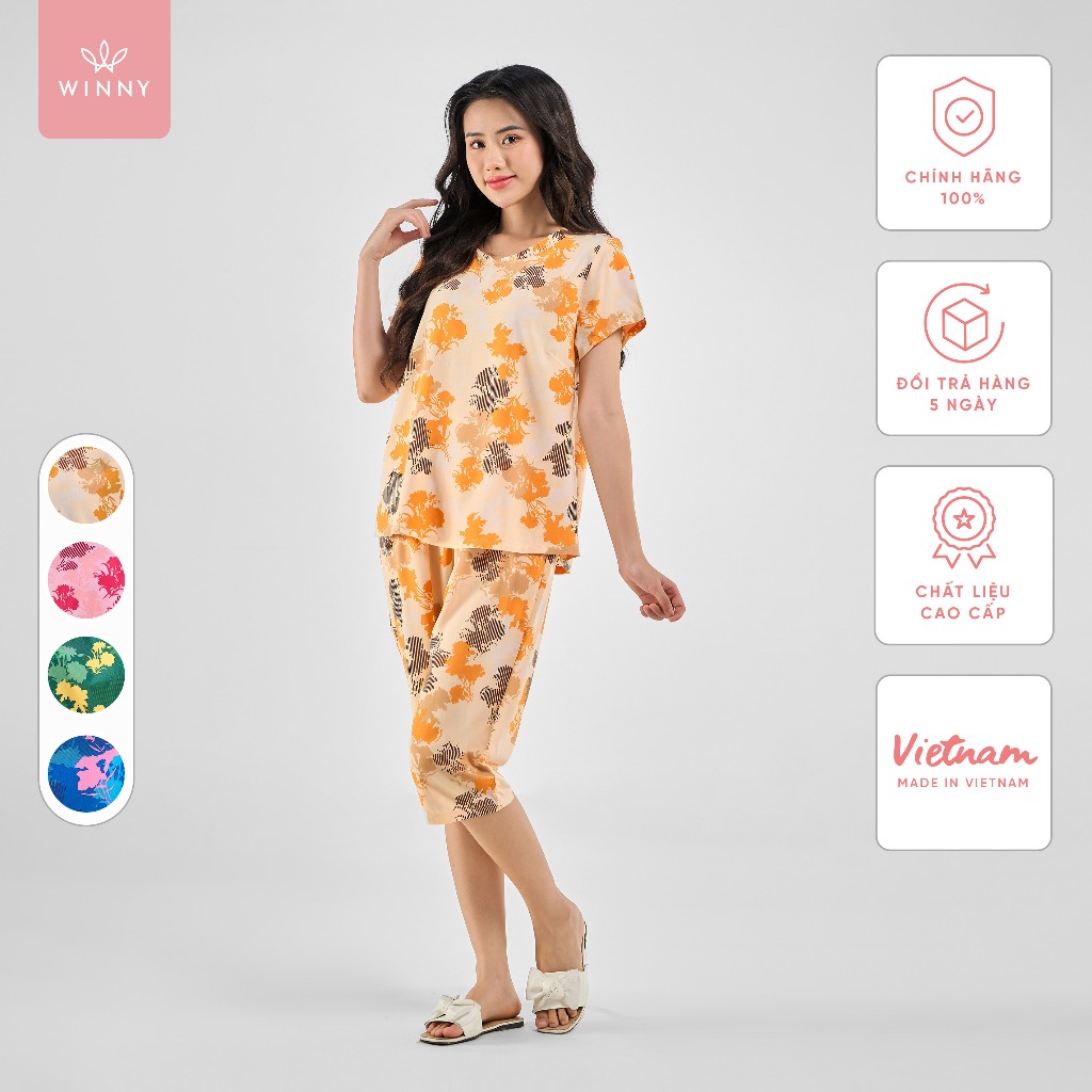 Ảnh Bộ mặc nhà nữ WINNY kiểu cộc tay quần ngố chất lanh mềm mát thấm hút 2MNLA23039N 1