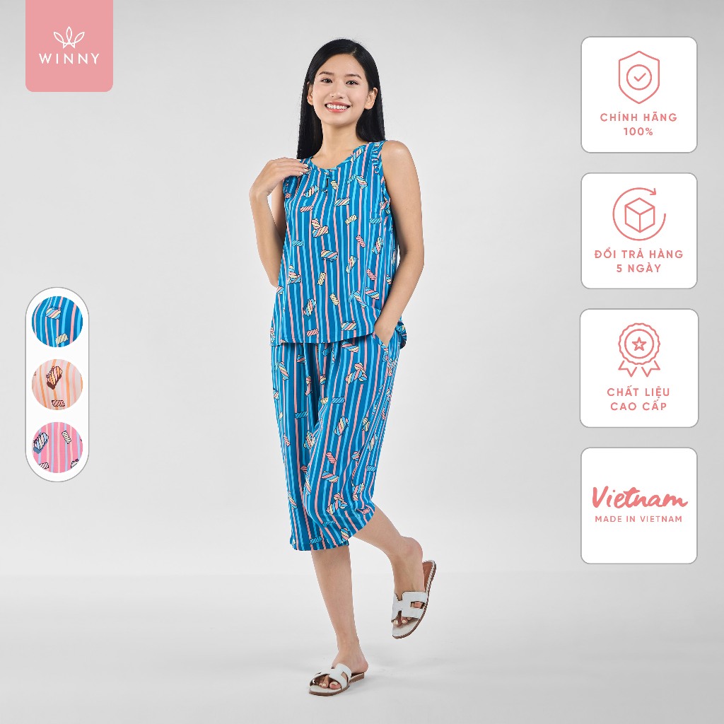 Ảnh Bộ mặc nhà nữ WINNY kiểu sát nách quần ngố chất lanh mịn thấm hút nhanh khô 2MNLA23057S 1