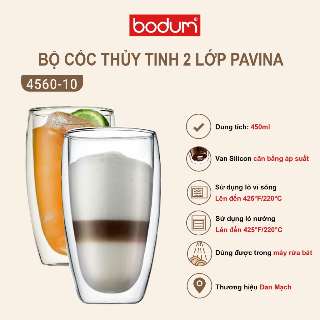 Bộ cốc (ly) thủy tinh lớp Bodum Pavina dung tích 450ml 4560-10