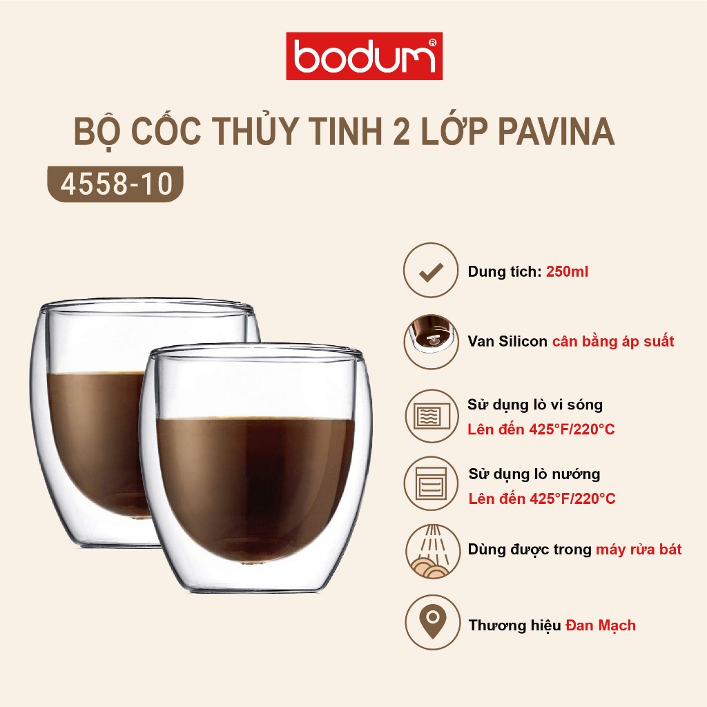 Bộ cốc (ly) thủy tinh lớp Bodum Pavina dung tích 250ml 4558-10