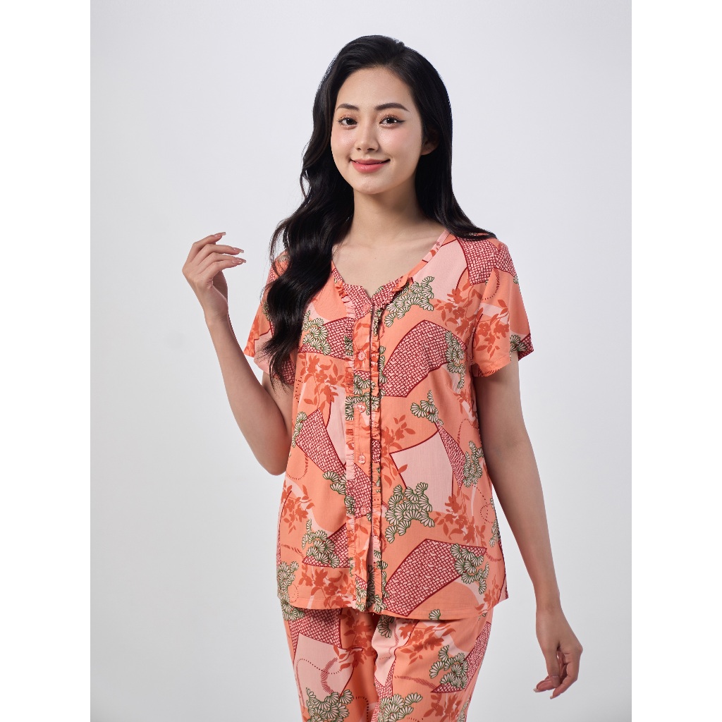 Ảnh Bộ mặc nhà nữ WINNY kiểu cộc tay quần dài chất lanh mềm mát 2MNLA23035D 3