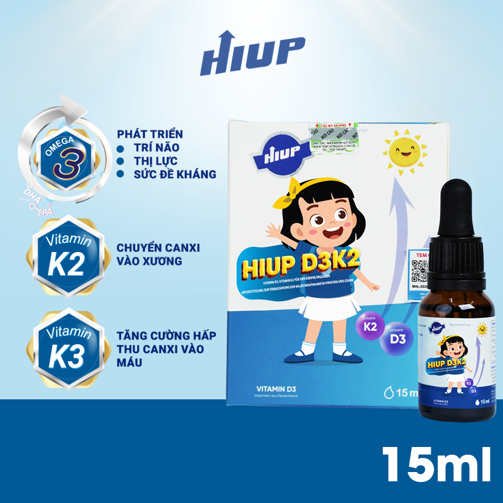 Ảnh COMBO 2 Lọ Vitamin HIUP D3K2 - Lọ 15ml (400 Giọt) Bổ Sung Vitamin, DHA Và Tăng Cường Khả Năng Hấp Thụ Canxi Cho Trẻ 1