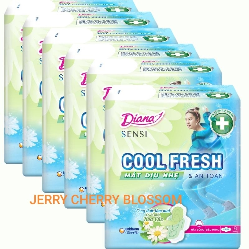 Bộ 6 gói băng vệ sinh Diana sensi cool fresh mát dịu hoả anh đào 8 miếng/gói