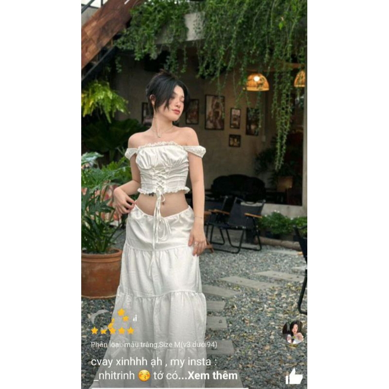 Chân váy trắng dài rủ cạp trễ rút dây, chân váy maxi trắng dáng tầng form xòe tiểu thư Unnie chân váy dài dáng xoè tầng