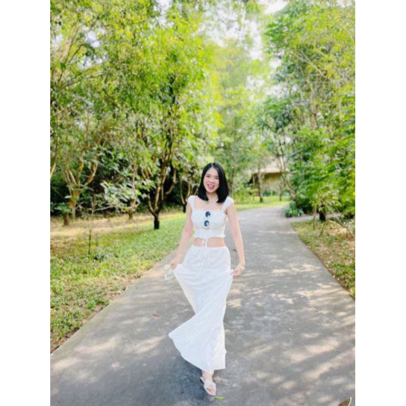 Chân váy trắng dài rủ cạp trễ rút dây, chân váy maxi trắng dáng tầng form xòe tiểu thư Unnie chân váy dài dáng xoè tầng