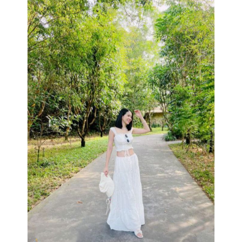 Chân váy trắng dài rủ cạp trễ rút dây, chân váy maxi trắng dáng tầng form xòe tiểu thư Unnie chân váy dài dáng xoè tầng
