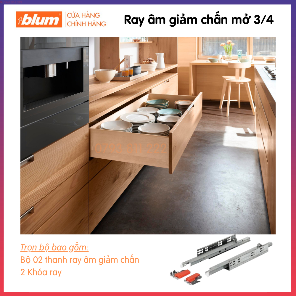 Ray âm giảm chấn Blum TANDEM mở 3/4, bao gồm cặp khóa ray, kích thước ...