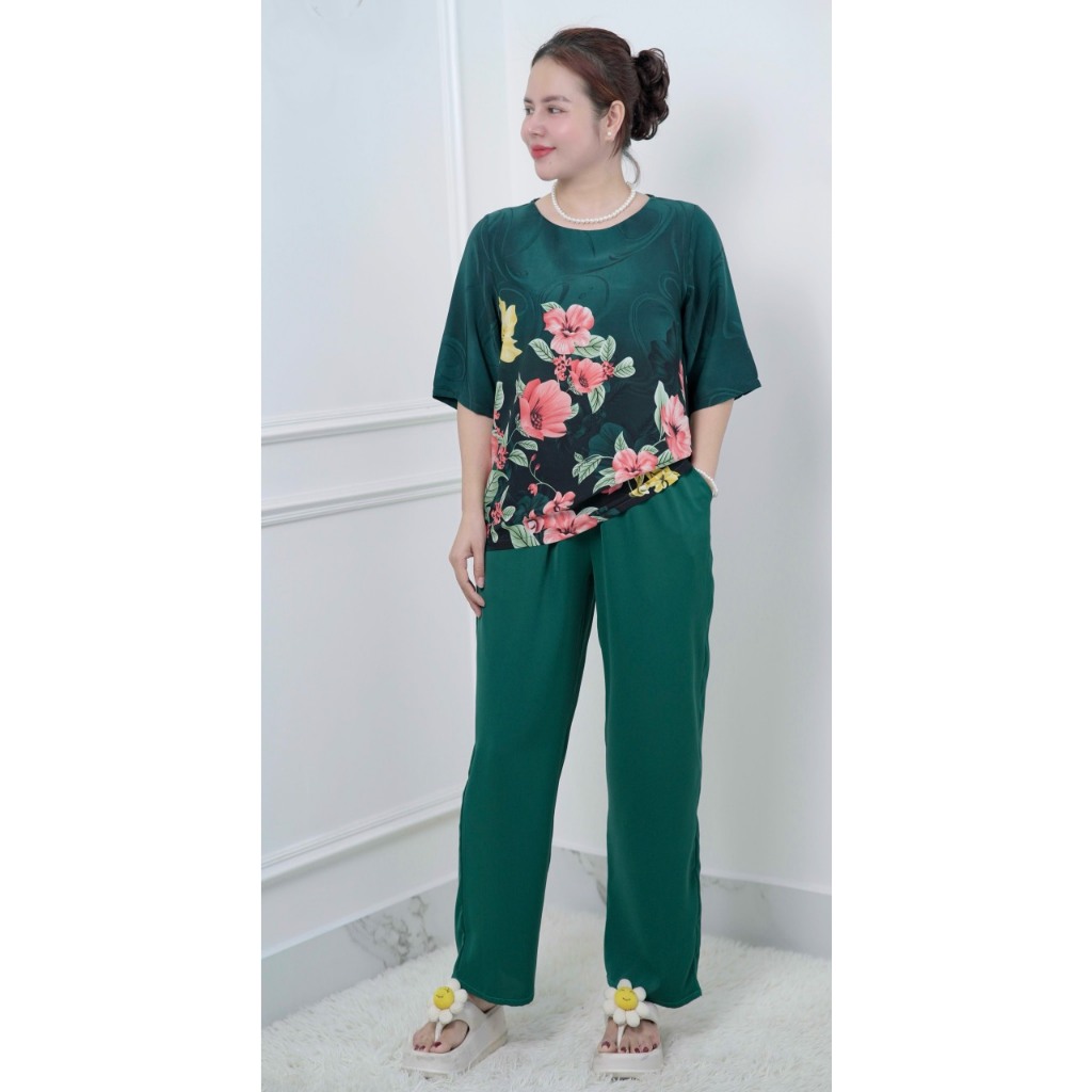 Đồ Bộ Trung Niên, Áo Cổ Tròn,Quần suông Dài,Vải Lụa Nhập Cao Cấp Nữ Women Top1 HAN.T SHOP