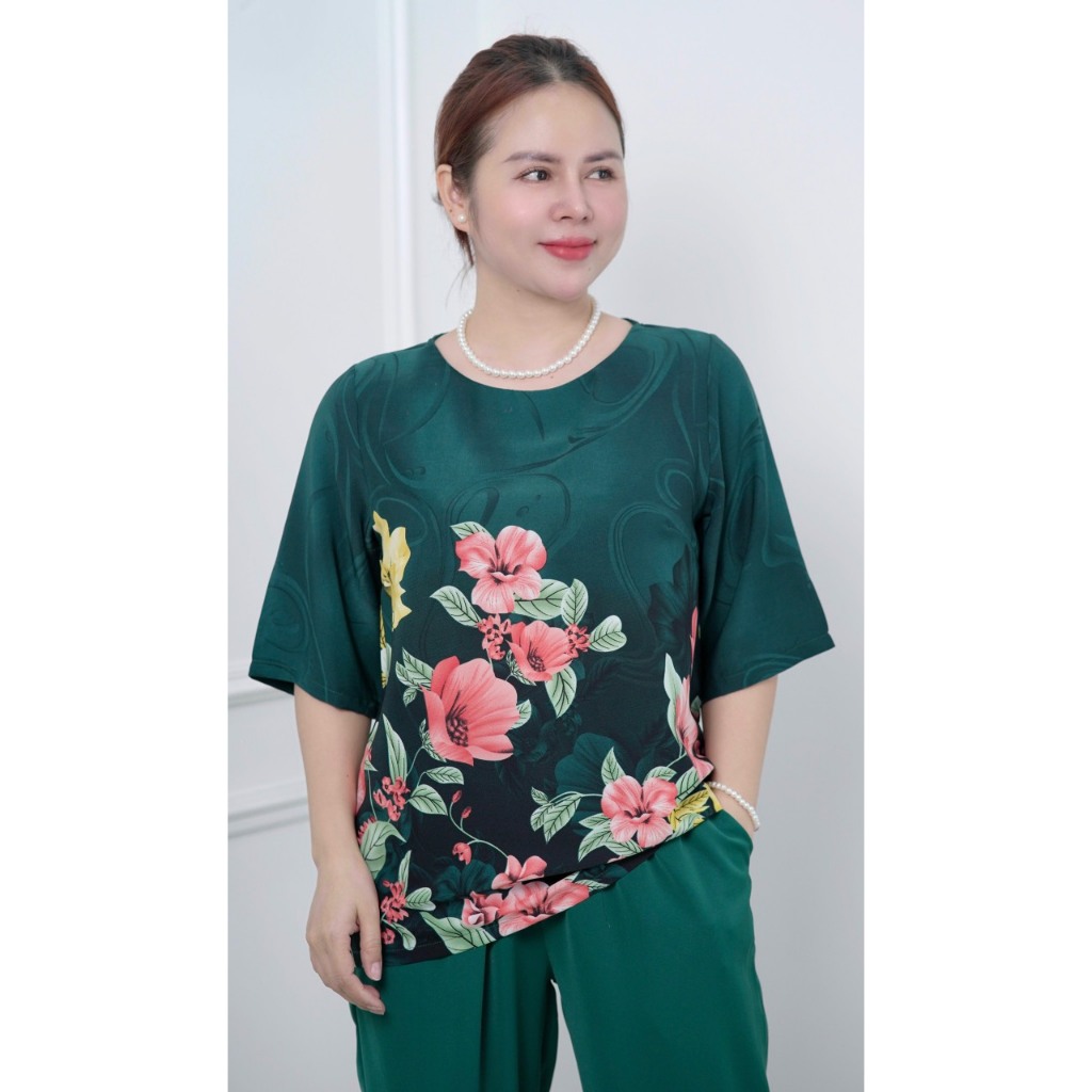 Đồ Bộ Trung Niên, Áo Cổ Tròn,Quần suông Dài,Vải Lụa Nhập Cao Cấp Nữ Women Top1 HAN.T SHOP