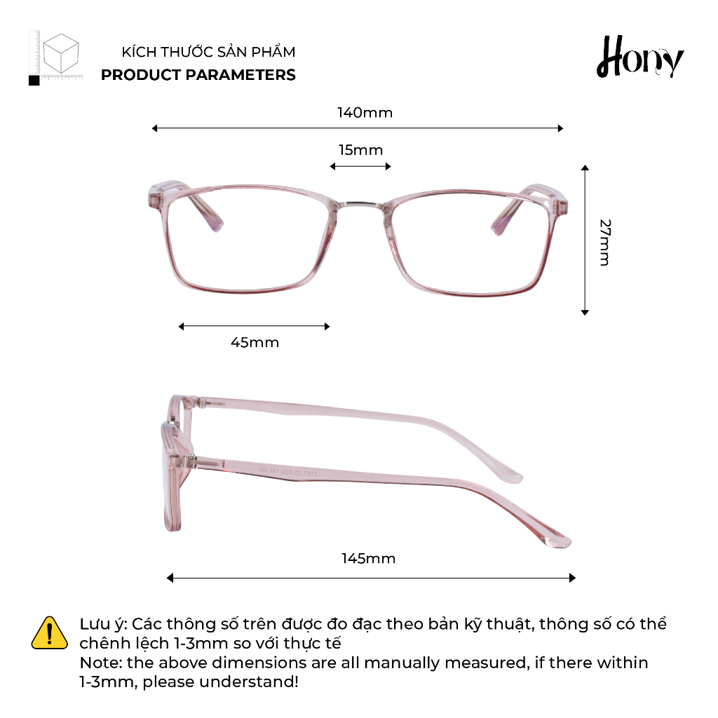 Mắt kính Nữ thời trang HONY - Gọng nhựa TR90 hồng càng siêu dẻo bền bỉ A1