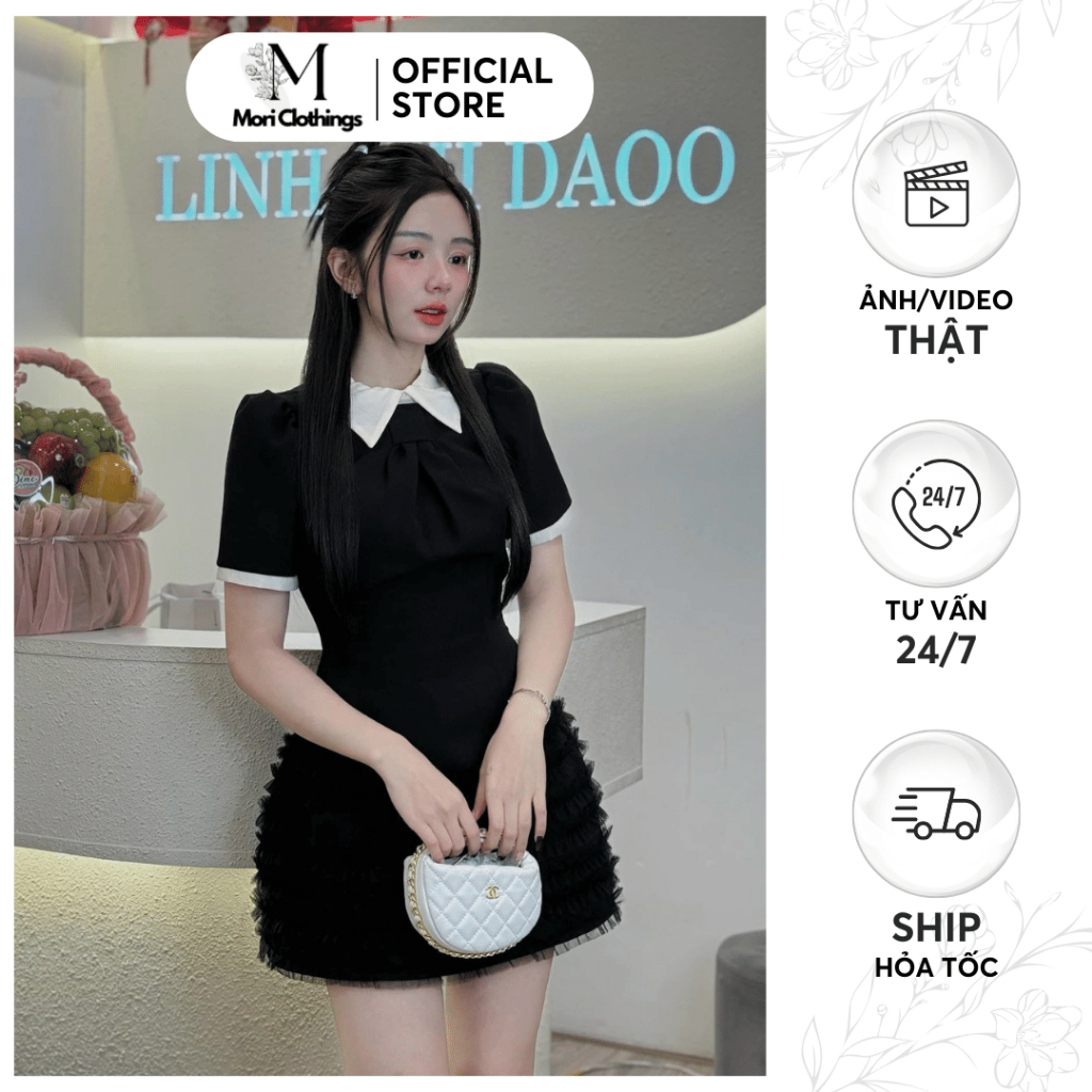 Váy Nữ Thiết Kế Cổ Sơ Mi Thanh Lịch Đầm Nữ Tay Ngắn Phối Đuôi Bèo Ren N85 Thời Trang Nữ | MORI CLOTHINGS