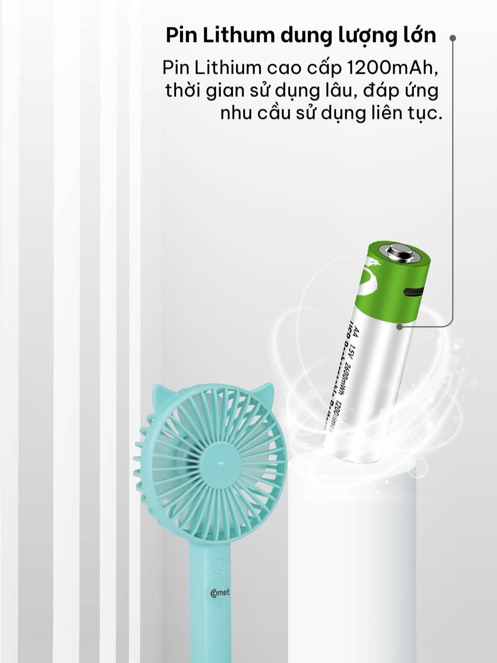 Ảnh Quạt Sạc Cầm Tay COMET CRF1104 Công Suất 3W, Pin 1200mAh, Có Đế Rời, Kích Thước Nhỏ Gọn 1