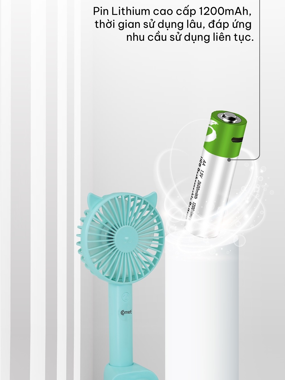 Ảnh Quạt Sạc Cầm Tay COMET CRF1104 Công Suất 3W, Pin 1200mAh, Có Đế Rời, Kích Thước Nhỏ Gọn 2