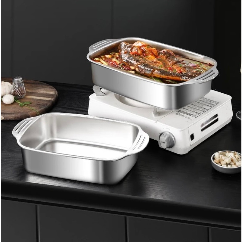 Khay hấp inox 304 đa năng có nặp đậy hình chữ nhật cao cấp om cá dùng cho mọi loại bếp