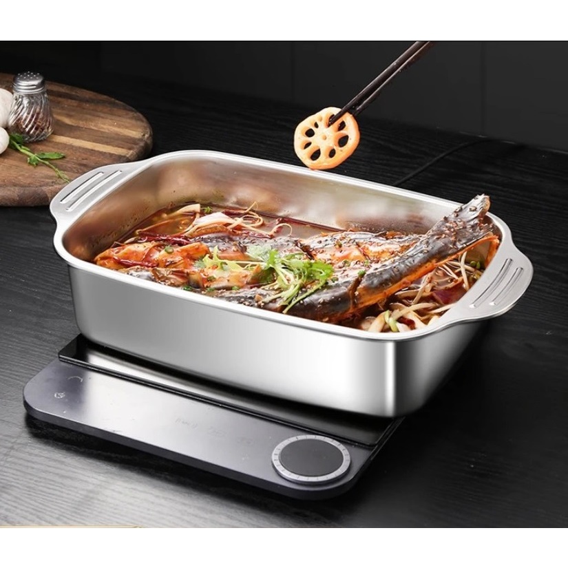 Khay hấp inox 304 đa năng có nặp đậy hình chữ nhật cao cấp om cá dùng cho mọi loại bếp