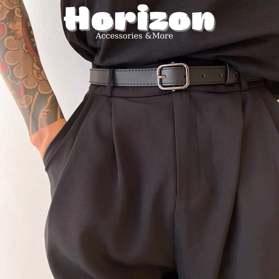 Thắt lưng da nữ nam unisex mặt vuông đen 2.3cm dày dặn ulzzang - dây nịt da nam nữ da mặt vuông thời trang Hàn Quốc hori