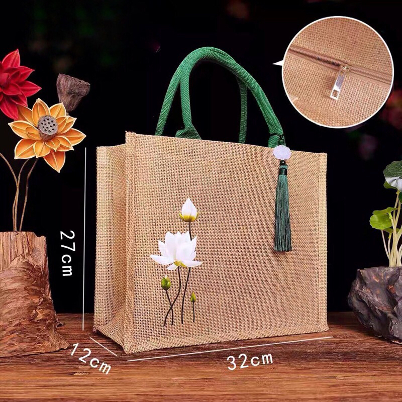 ▪Tên sản phẩm: Túi cói hoạ tiết Sen quai xanh 🍀