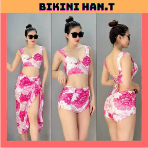 BIKINI.ĐỒ BƠI ĐI BIỂN,BA MẢNH IN HOA MỚI SANG CHẢNH ,HOA HỒNG NỀN TRẮNG, HAN.T SHOP BKN45
