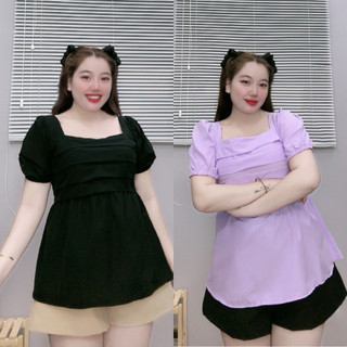 Set đồ bộ bigsize gồm áo babydoll cổ vuông, tay phồng kèm quần short lưng chun co giãn dễ thương SET55