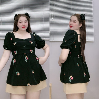 Set đồ bộ bigsize gồm áo babydoll cổ vuông, tay phồng kèm quần short lưng chun co giãn dễ thương SET55