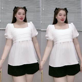 Set đồ bộ bigsize gồm áo babydoll cổ vuông, tay phồng kèm quần short lưng chun co giãn dễ thương SET55