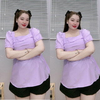 Set đồ bộ bigsize gồm áo babydoll cổ vuông, tay phồng kèm quần short lưng chun co giãn dễ thương SET55