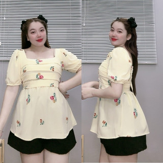 Set đồ bộ bigsize gồm áo babydoll cổ vuông, tay phồng kèm quần short lưng chun co giãn dễ thương SET55