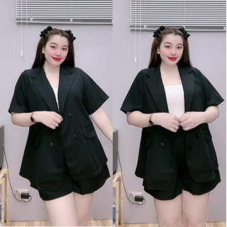 Set Blazer bigsize gồm áo cổ vest cộc tay kèm quần short màu trơn basic chất cotton lạnh SVET