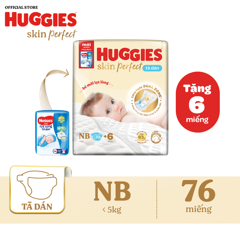 Ảnh Tã/bỉm dán sơ sinh Huggies Skin PerfectNB 70+6 miếng với 2 vùng thấm giảm kích ứng da 1