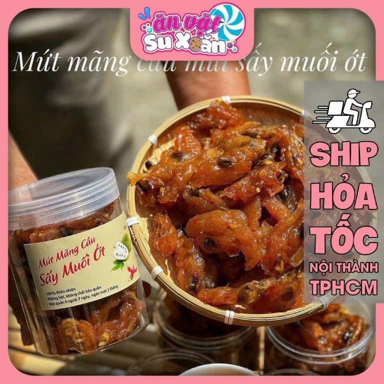Mứt Mãng Cầu Múi Sấy Muối Ớt hũ 500gr Ăn Vặt Su Xoắn