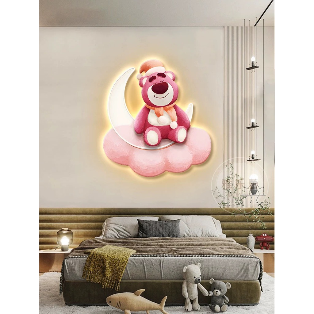 Tranh decor gấu dâu treo phòng ngủ cho bé màu hồng, đáng yêu, decor nhà trẻ, cafe kid