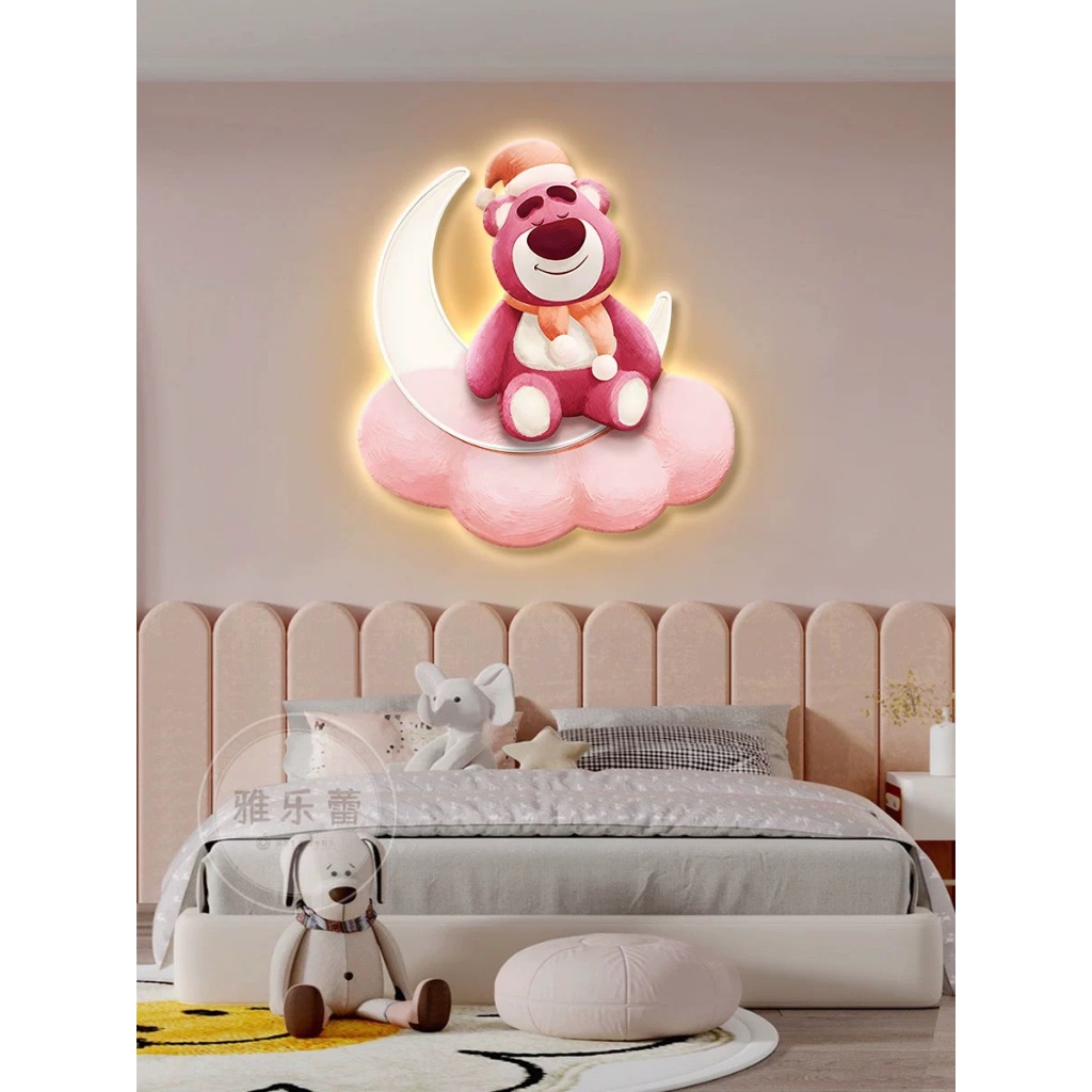 Tranh decor gấu dâu treo phòng ngủ cho bé màu hồng, đáng yêu, decor nhà trẻ, cafe kid