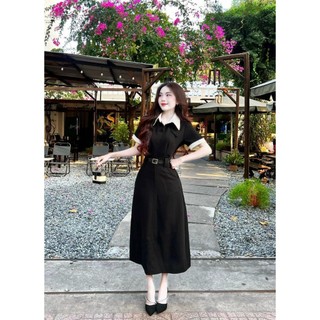 Đầm nữ mặc đi chơi thời trang thiết kế nữ chất kaki cổ sơ mi tay ngắn váy dài phối đai sang trọng nhẹ nhàng