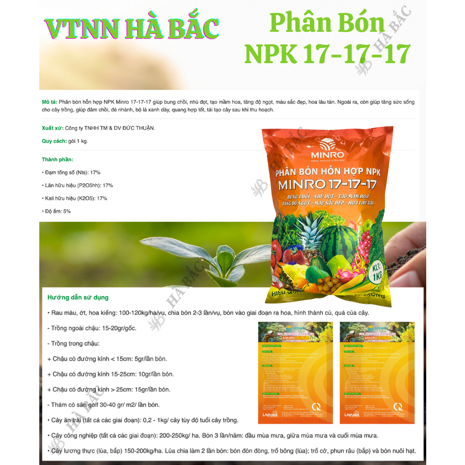 Phân Bón NPK 17-17-17 Minro - Bung chồi, nhú đọt, tạo mầm hoa, tăng độ ngọt, màu sắc đẹp, hoa lâu tàn [HÀNG CHÍNH HÃNG]