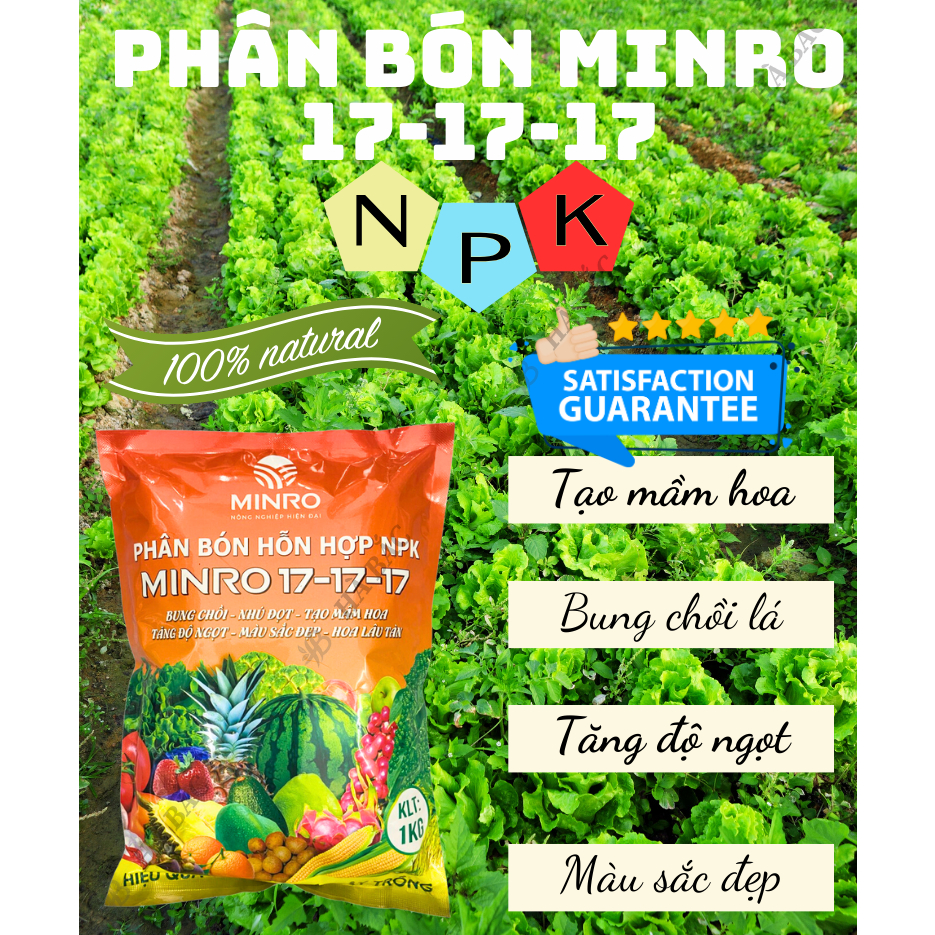 Phân Bón NPK 17-17-17 Minro - Bung chồi, nhú đọt, tạo mầm hoa, tăng độ ngọt, màu sắc đẹp, hoa lâu tàn [HÀNG CHÍNH HÃNG]