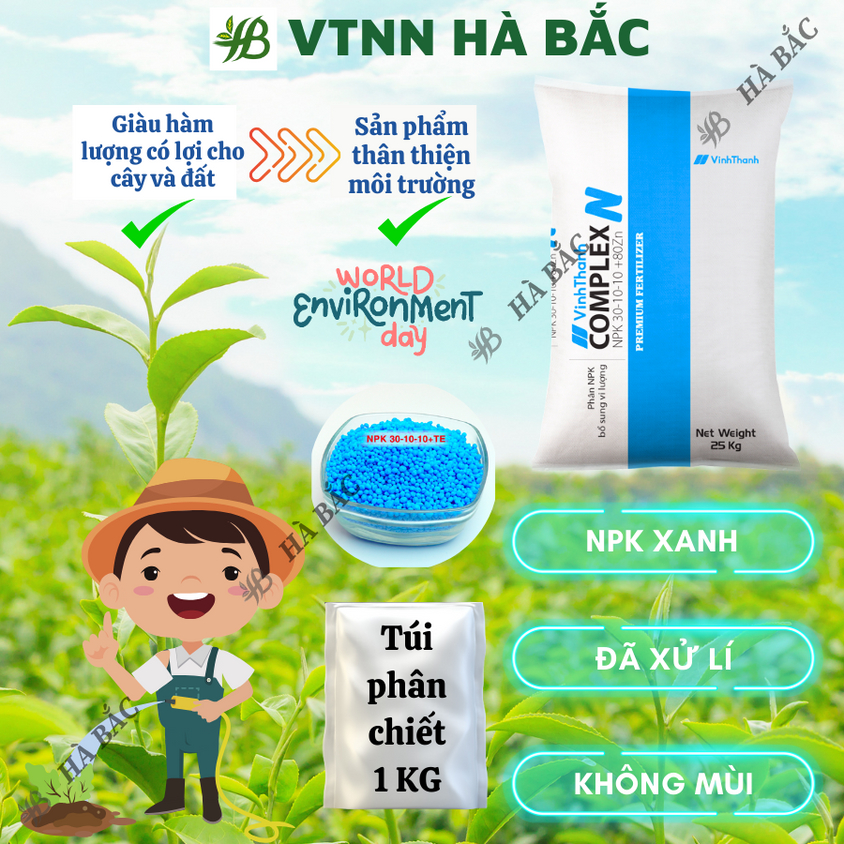 Phân NPK XANH 30-10-10 + 80Zn Túi 1kg (bán lẻ)  - Giúp xanh cây, tốt lá, đâm tược mạnh, phát triển thân cành