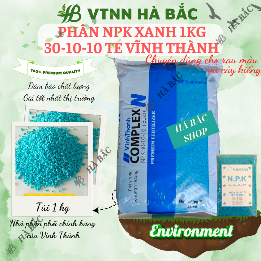 Phân NPK XANH 30-10-10 + 80Zn Túi 1kg (bán lẻ)  - Giúp xanh cây, tốt lá, đâm tược mạnh, phát triển thân cành