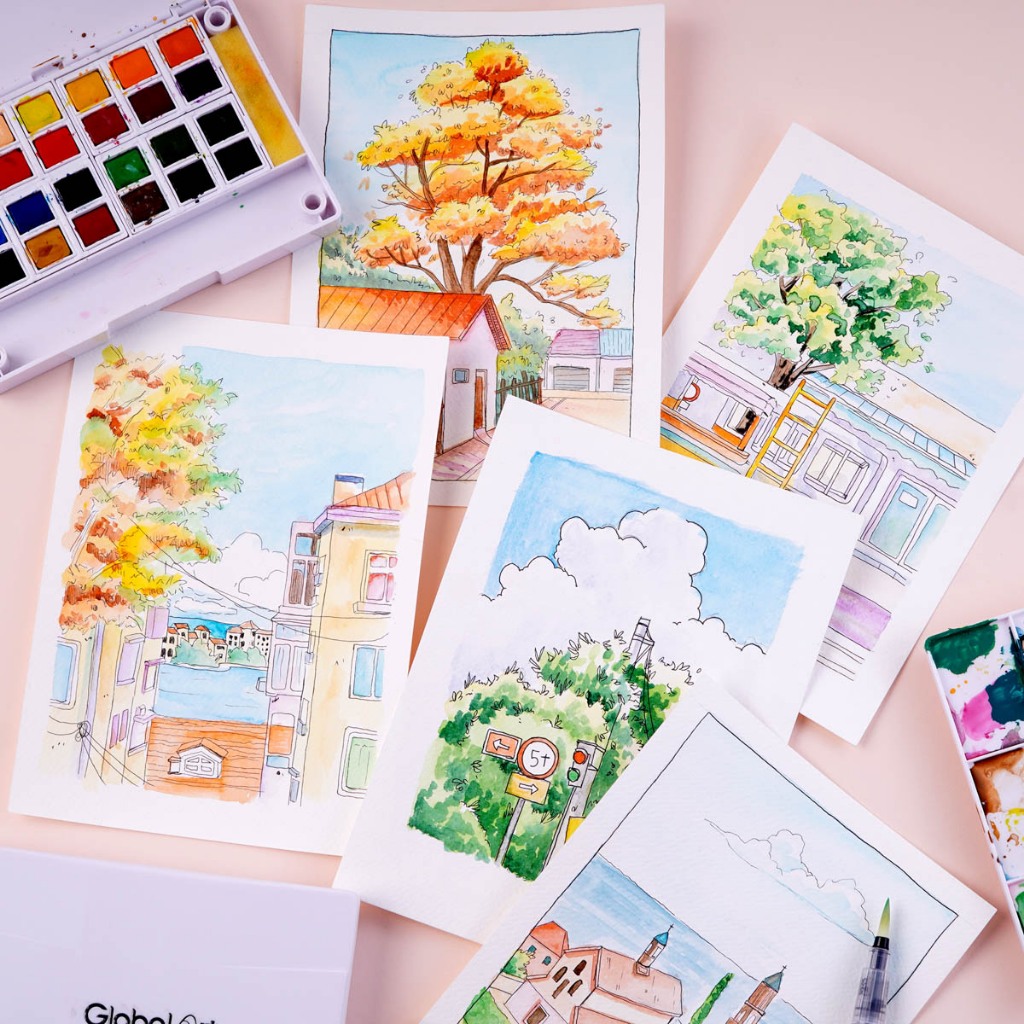 Màu Nước Dạng Nén GLOBAL ART 24 Màu Cao Cấp, Màu Nước Nén Màu Trong, Loang Màu Tốt, Không Bột, Kèm Bút Vẽ và Khay Vẽ