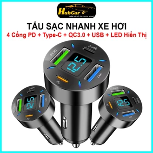 Tẩu Sạc Nhanh Ô Tô Thông Minh 4 Trong 1, 4 Cổng Đa Năng Có Màn Hình LED Hiển Thị Cảnh Báo Dòng Điện