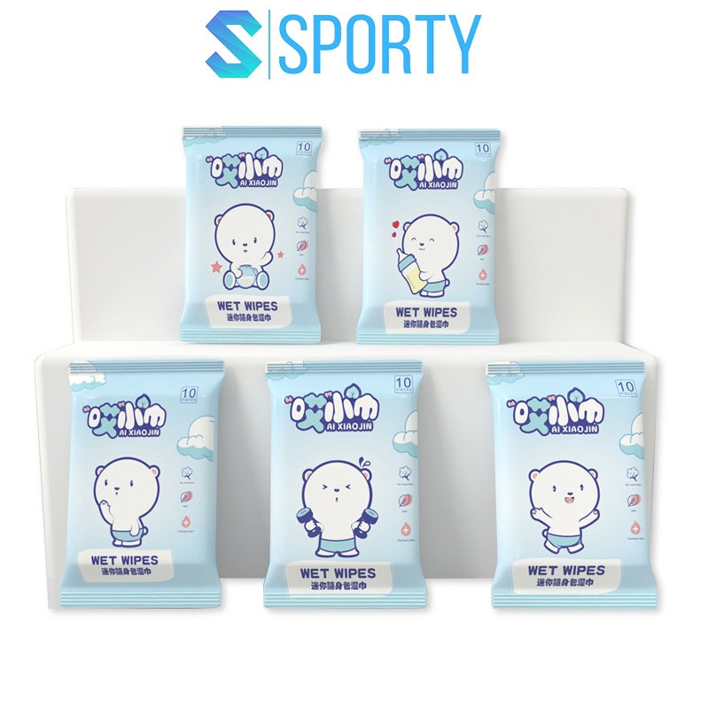 Ảnh Túi 10 khăn giấy ướt SPORTY PS5 nhỏ gọn, an toàn cho trẻ em, người lớn, dày dặn, đóng gói chắc chắn 1