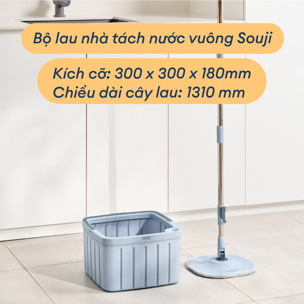 Bộ lau nhà tách nước vuông Souji INOCHI xoay 360 độ, có lỗ thoát nước thông minh